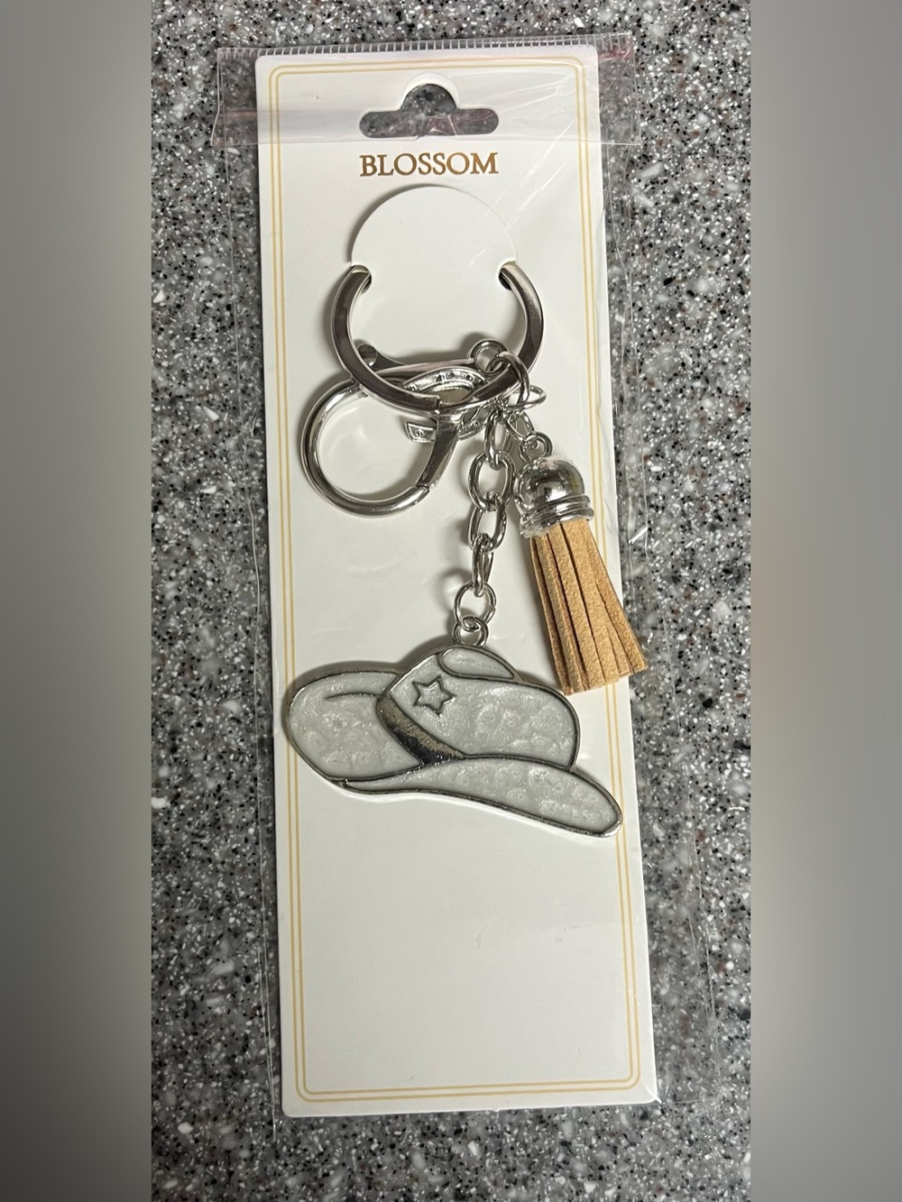 Silver Cowboy Hat Keychain with Tan Tassel